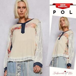 POL Button Detail Floral Patchwork Crochet Long Sleeves Relaxed Blouse | Beige